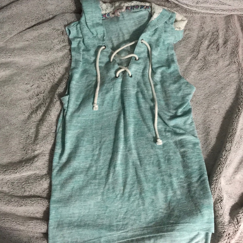 Blue sleeveless lace up hoodie